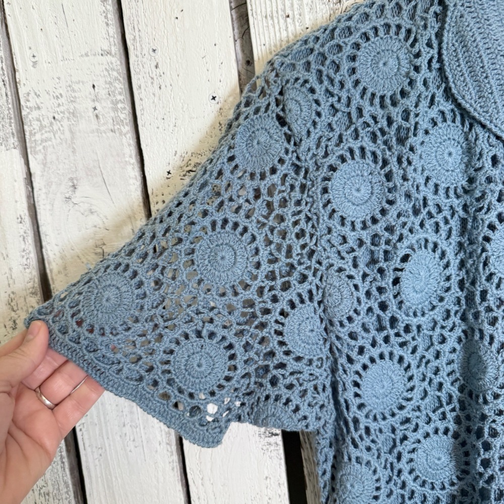 VTG Requirements Petite Blue Crochet Short Sleeve Cardigan Sz L Sweater Boho NWT - Picture 7 of 11